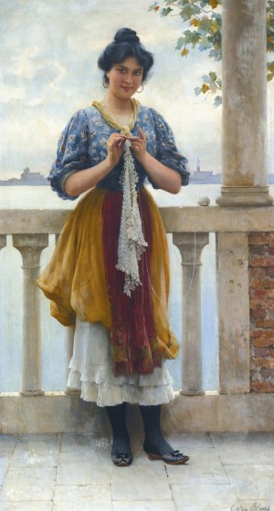 Woman knitting on balcony